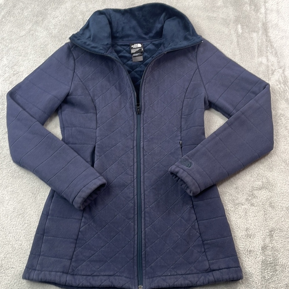 North Face S‎ Blue Full Zip Soft Quilted Sherpa Lined Long Line Fabric Coat